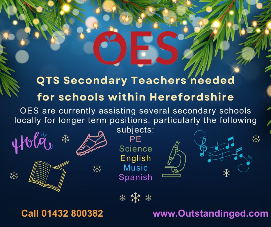 OES currently have several opportunities within Herefordshire Secondary schools for longer term work.  There are options for full &amp; part time hours with some flexibility to suit.

Call 01432 800382 email Jemma@outstandinged.com
#OutstandingEd #Herefordshiresupplyteachers
