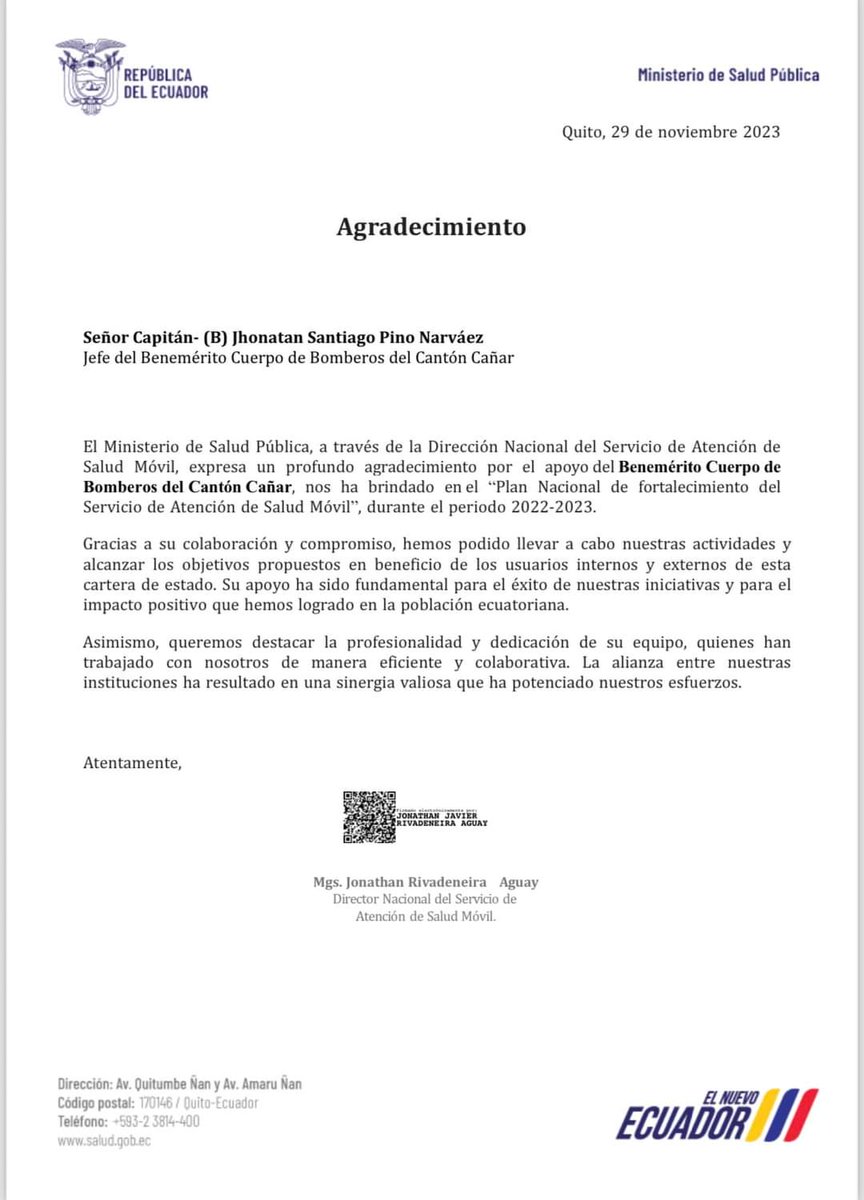 🚨Nuestro compromiso Interinstitucional, seguirá siendo firme al servicio de nuestra comunidad, agradecemos al MSP, a través de la Dirección Nacional de Servicio de Atención de Salud Móvil, por el presente reconocimiento mismo que nos impulsa a seguir siendo los mejores día a día