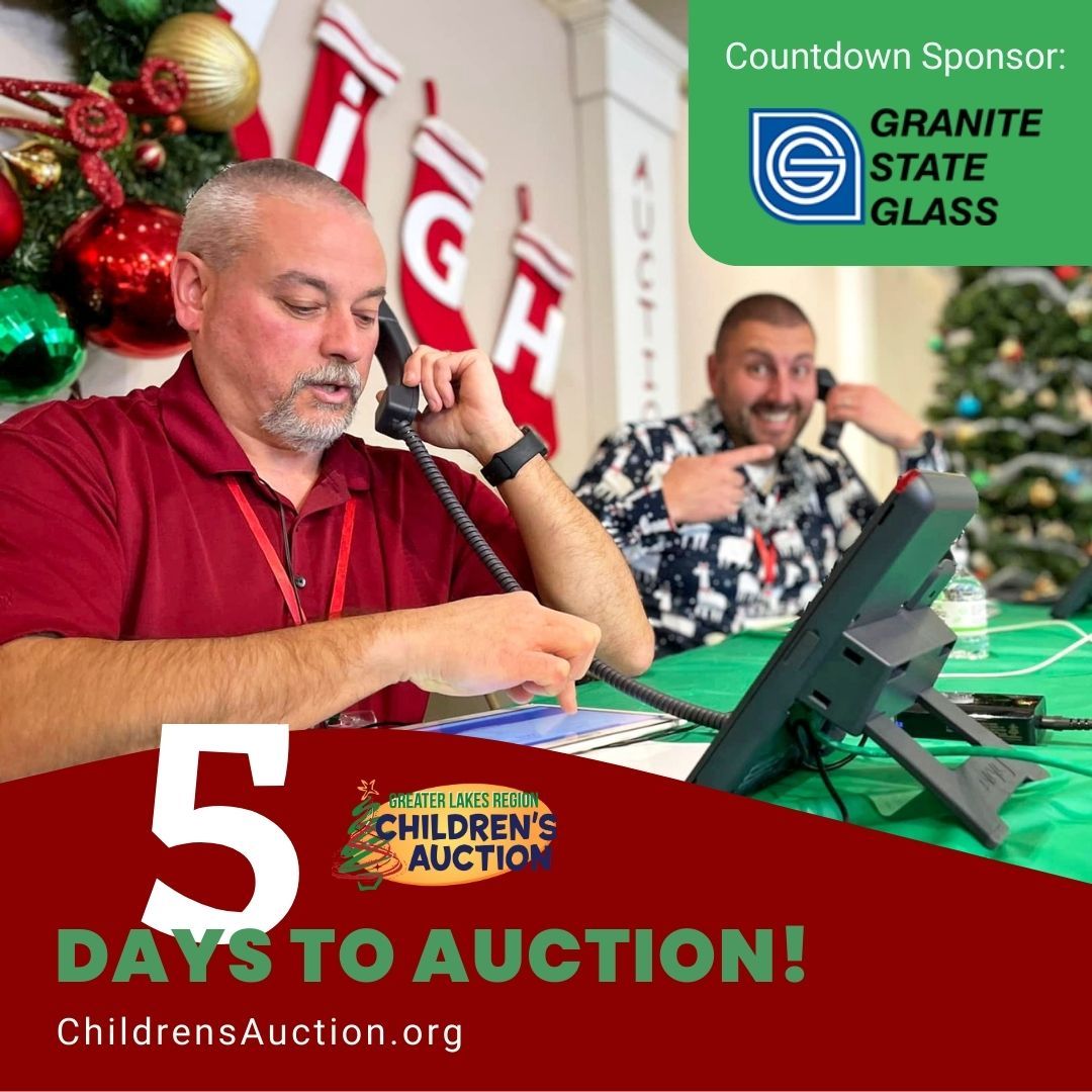 glrcauction603's tweet photo. Countdown: 5 days until the Greater Lakes Region Children's Auction!

Dec. 5-8. Go to https://t.co/3FV8Y7kskw for more information. 

Countdown Sponsor: Granite State Glass 

#ChildrensAuction #NewHampshire #LakesRegionNH #countdown #ChildrensAuctionChampion #ItsForTheKids https://t.co/G7Nbf3zj7v