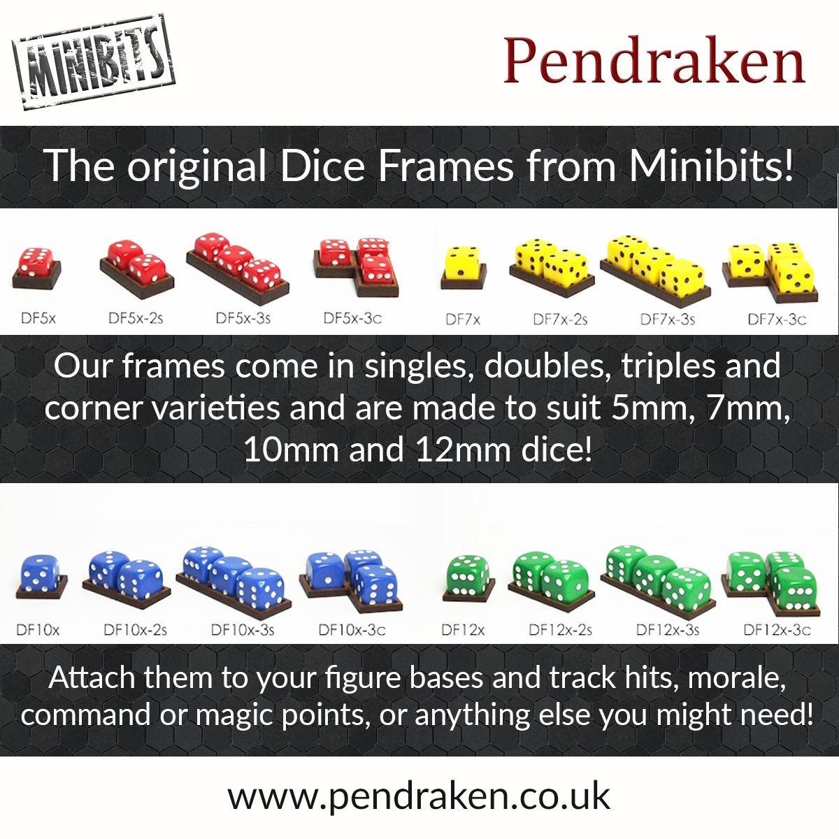 pendraken's tweet photo. Since launching them in 2012, our Dice Frames have proven hugely popular! Available as singles, doubles, triples or corners, to suit 5mm, 7mm, 10mm or 12mm dice, we’ve got every option covered! Available here: https://t.co/eeqPPcMWt5 #pendraken #wargaming #diceframes https://t.co/ltVnYWdyH3