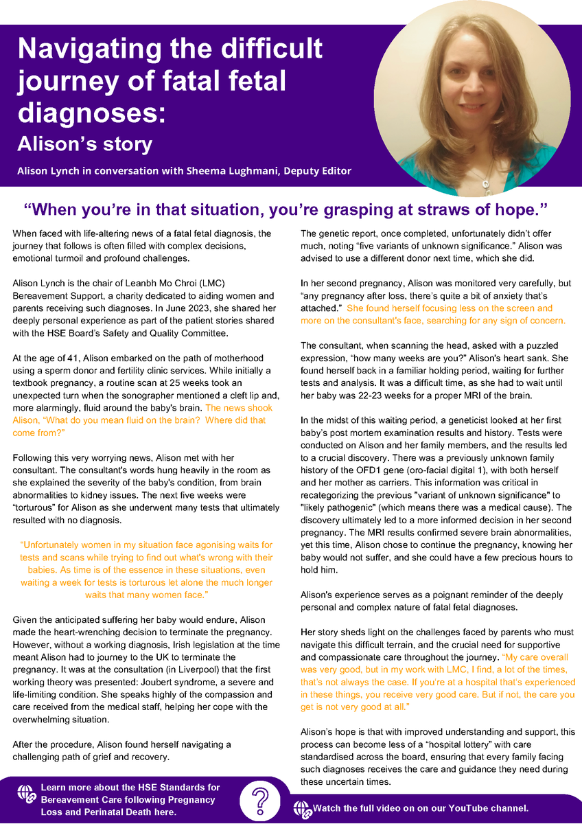 “When you’re in that situation, you’re grasping at straws of hope.” In our latest edition of Quality & Patient Safety Matters, #patientpartner Alison Lynch shares her difficult journey navigating a fatal fetal diagnoses. Read⬇️ assets.hse.ie/media/document…
