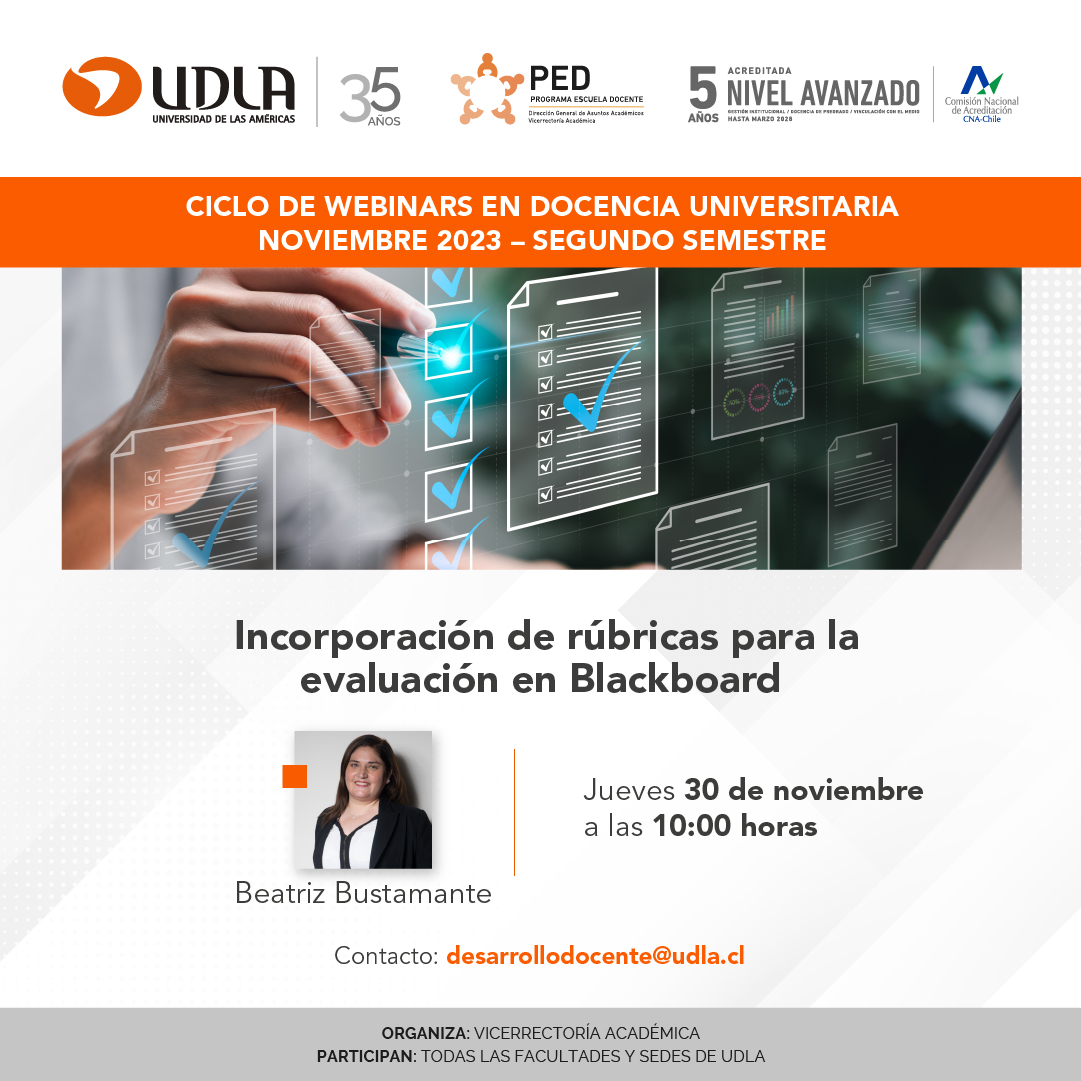 D_DocenteUDLA's tweet photo. 🧐📌Hoy continuamos con el ciclo de Webinars de Noviembre 2023 con: "Incorporación de rúbricas para la evaluación en Blackboard" a cargo de la Académica Beatriz Bustamante
⏰Horario: 10:00 a 11:00
➡️Inscripciones en: https://t.co/QwPmTlpGLl https://t.co/1Dmdd1npfL