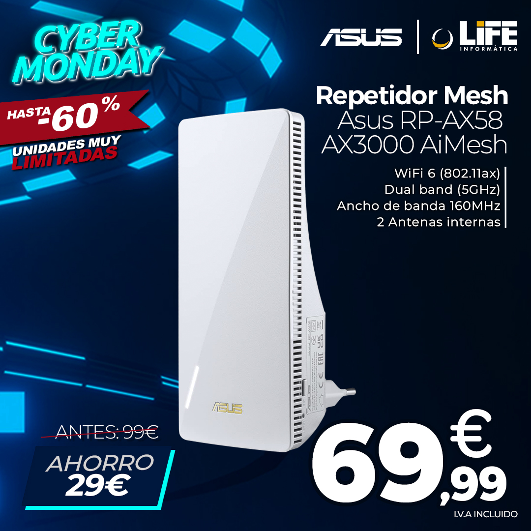 lifeinformatica's tweet photo. ¡Oferta Cyber Monday! 👾
Repetidor Mesh Asus RP-AX58 AX3000 AiMesh por 69.99€
Mejora tu conectividad 🏎️💨
Compra ahora 👉 https://t.co/tzfAOf7Ni2
@ASUS_ib
#CyberMonday2023 #OfertaFlash #Wifi #ASUS #Wifi6 #AX3000 #AiMesh #Networking #5GHz https://t.co/YXS5nXcFpe