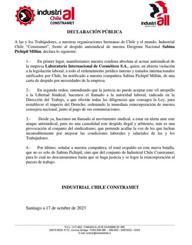 JorgeMuruaS's tweet photo. Impresentable actuar de justicia chilena frente a un caso de violación de los Derechos Humanos tras despido ilegal de dirigenta Sabina Pichipil. @DirecDelTrabajo interpuso demanda el 27.10.23 y a la fecha no hay siquiera una audiencia citada ni fecha de reintegro @PJudicialChile https://t.co/zd3GtZ0Cm5