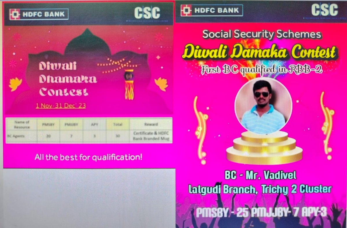 CSCTiruchirapp1's tweet image. VLE Mr. Vadivel BC HDFC. Qualified in Completing SSS Schemes in Diwali Dhamaka Contest period 1-11-2023 to 31-12-2023. Tiruchirapalli Dt Tamil Nadu
