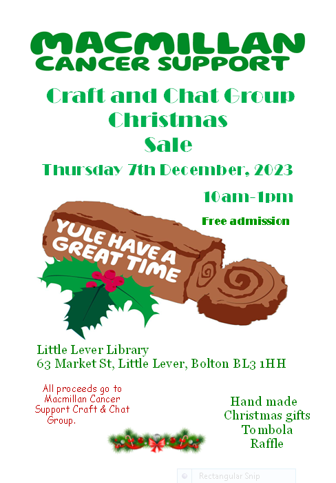 boltonmacinfo's tweet photo. 🎄🎄DON'T forget -this THURSDAY for Our Craft &amp; Chat Group's Christmas Sale. 7th December, 10am-1pm at Little Lever Library (BL3 1HH). Beautiful hampers, fabulous tombola prizes and the perfect handmade gifts for all the family.💚 https://t.co/UfoarTUrco