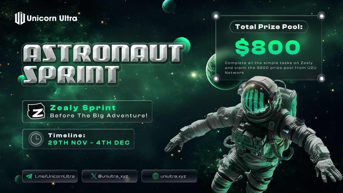 👨‍🚀 ASTRONAUT SPRINT

📍 Join the #Zealy Sprint with a $800 #PRIZE POOL!  
Participants need to complete all the Zealy tasks in order to be one of the #U2U Network Astronauts. 

⏳ Timeline: 30th Nov - 4th Dec

🎯 Complete all tasks buff.ly/40ZqPsk

#Airdrop #mainnet