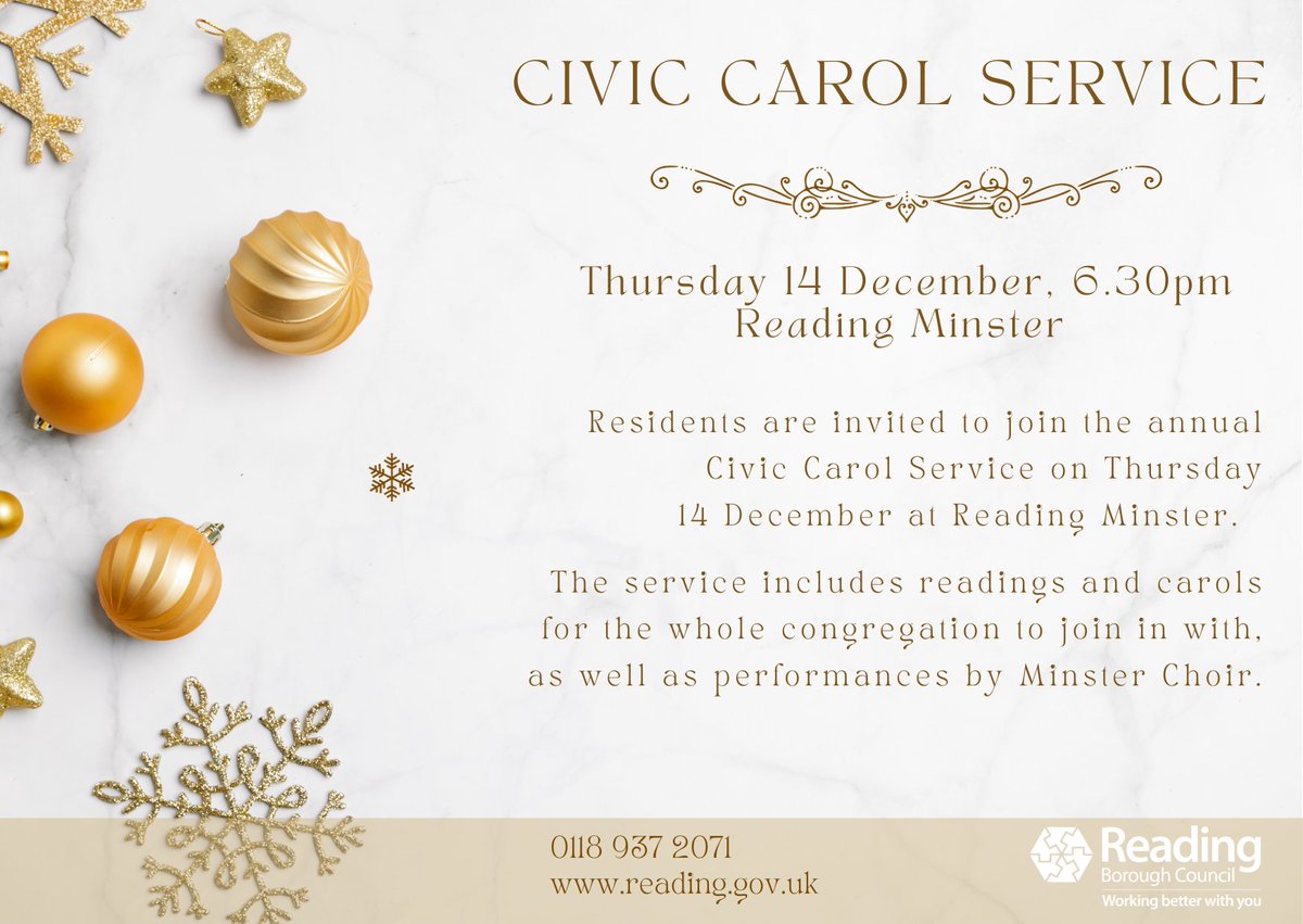 Members of the public are invited to Civic Carol Service 2023 - an evening of carols and lessons retelling the story of the Nativity, hosted by Reading Minster of St Mary the Virgin, 14 December, 6.30pm. Come along with your friends and family to enjoy the Christmas spirit.