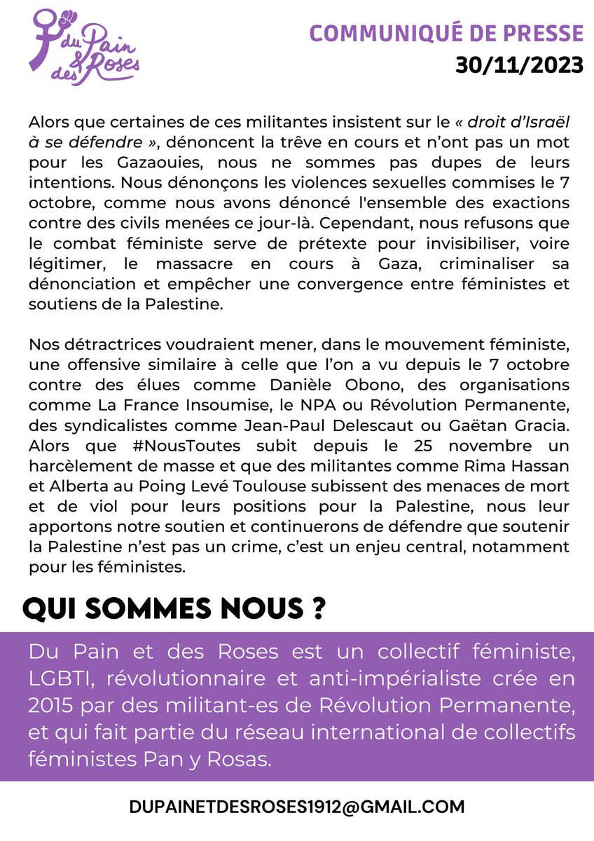 Pain_Et_Roses's tweet photo. 📃🟣 Communiqué suite aux attaques contre DPDR dans plusieurs médias

Notre organisation a été accusée d’être antisémite sur BFM &amp; Arte, par des personnes qui s'attaquent au mvt féministe et aux convergences contre le massacre à Gaza. 

Nous dénonçons cette instrumentalisation ⤵️ https://t.co/YSAaJ245fv