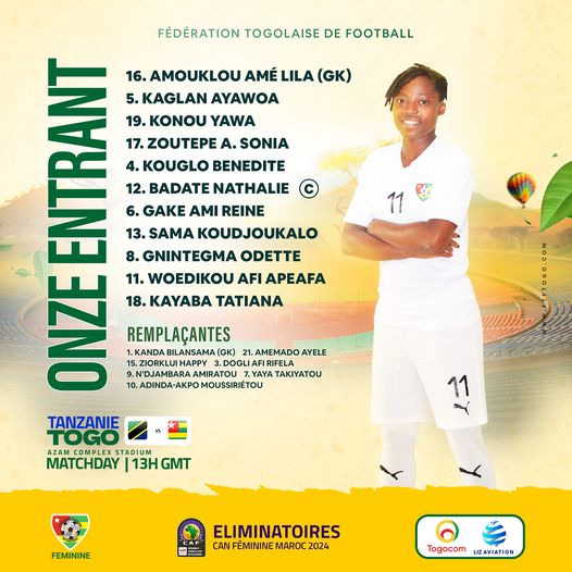 AlfredZikpi's tweet photo. Le 11 de départ du #Togo pour affronter la #Tanzanie 🇹🇿pour le compte des éliminatoires de la CAN Féminine Maroc 2024. https://t.co/rs7cYArhrT