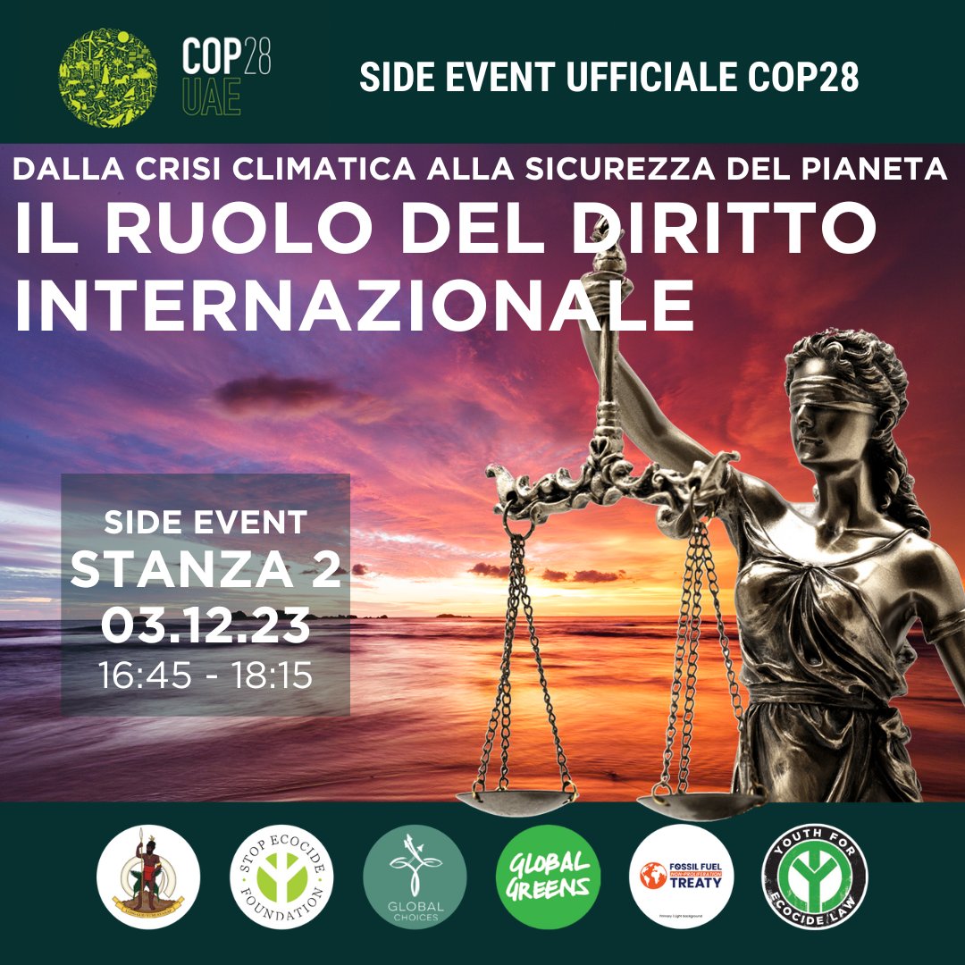 Side event #COP28 #EcocideLaw! Saremo presenti alla COP per informare a tutti i livelli sull’urgente necessità di un crimine internazionale #ecocidio. Uno strumento essenziale nella lotta al #ClimateBreakdown + Info a: stopecocide.earth/events/from-cl… #StopEcocidio