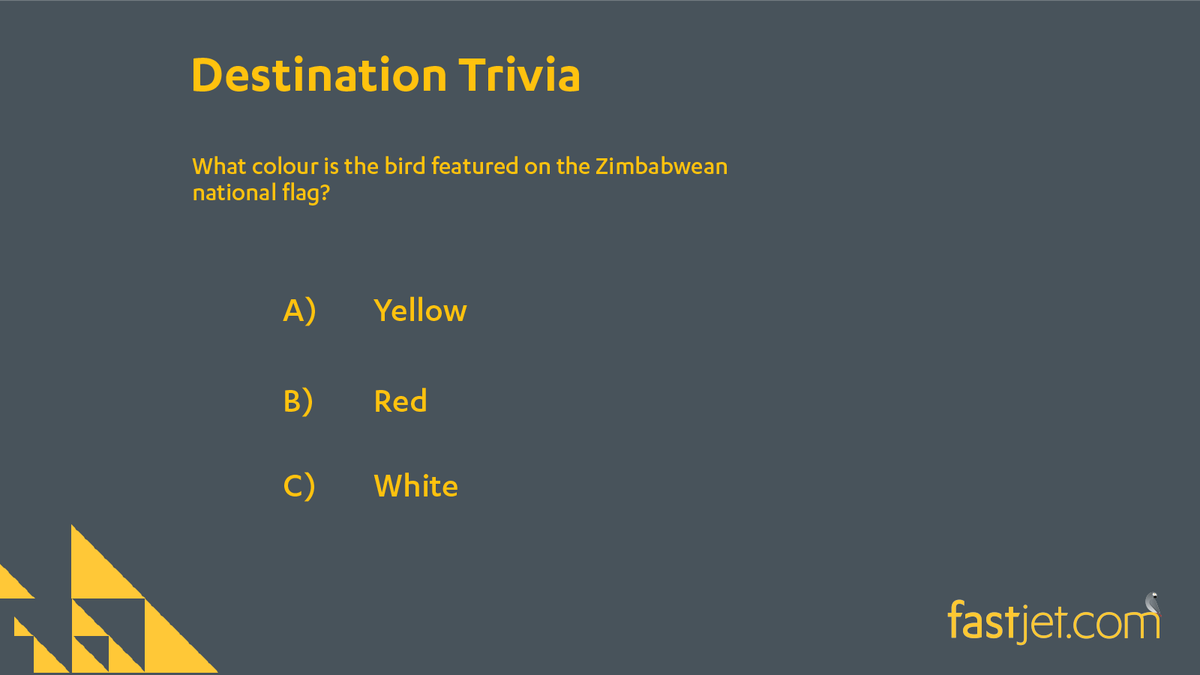 fastjet's tweet photo. fastjet Trivia | What is the colour of the bird featured on the Zimbabwean flag?
Comment below!
#fastjet #flyfastjet #fastjetTrivia #Zimbabwe https://t.co/MpNDOXiJMb