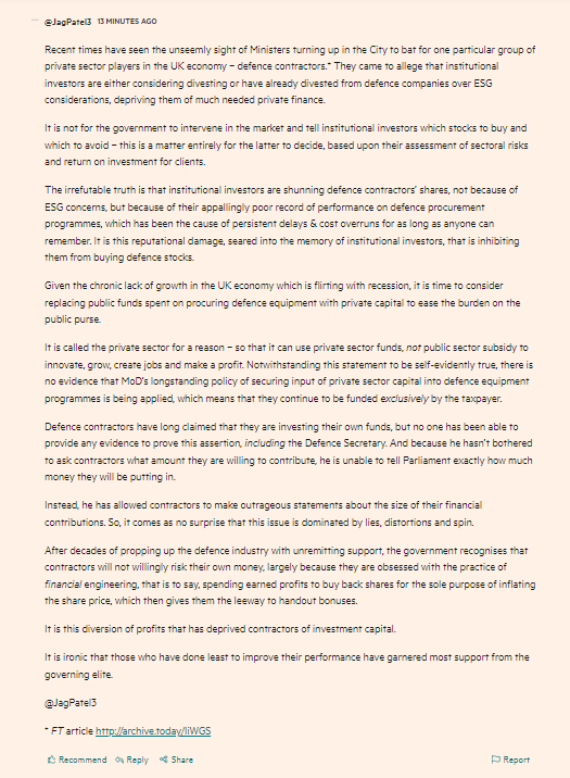 JagPatel3's tweet photo. Institutional investors are shunning defence contractors’ shares.
The time has come to consider replacing public funds spent on procuring #defence equipment with private #capital to ease the burden on the public purse.
My comment in today's @FinancialTimes
https://t.co/Y9nbRohXmY https://t.co/MuraznUT6B