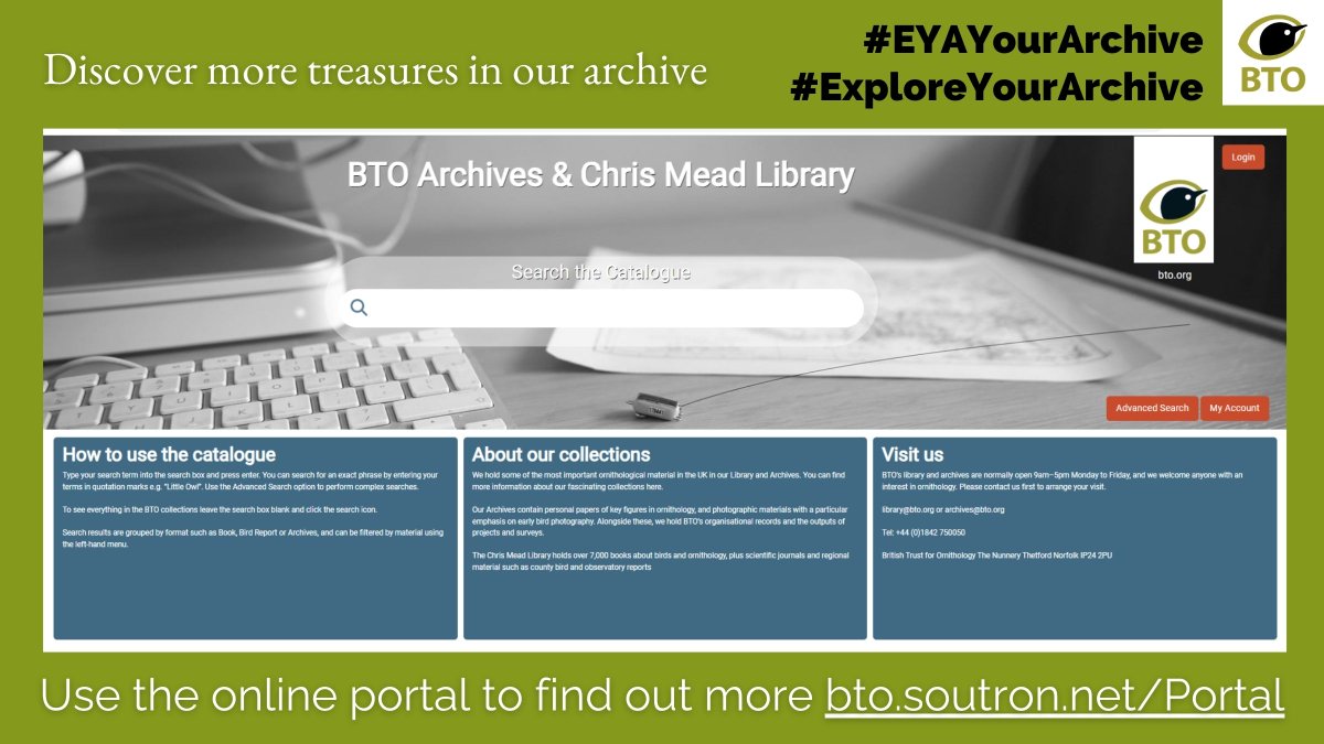 Discover more ornithological treasures in our new online catalogue! The final theme of #ExploreYourArchive is Your Archive. Use the portal to find details on BTO Archives items. It’s a work in progress with new items added every day! 👉 bto.soutron.net/Portal #EYAYourArchive