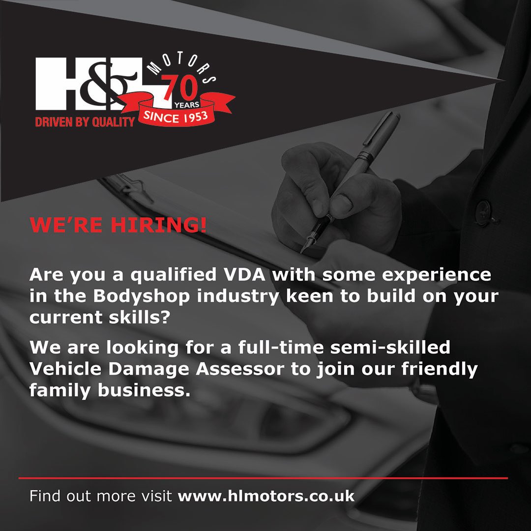 WE’RE HIRING! Are you a qualified semi-skilled VDA with some experience in the Bodyshop industry keen to build on your current skills? Find out more rb.gy/hfhz1f #Hiringnow #jobvacancies #twickenhamgarage #manufacturerapproved #TeamHLMotors #vehicleassessor