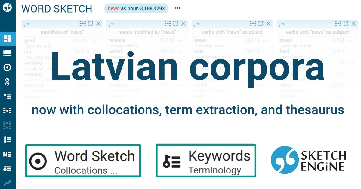SketchEngine's tweet image. We have extended a list of tools available for Latvian! 🇱🇻Now you can generate collocations, term extraction, and thesaurus for Latvian corpora including those built up by users.
#corpuslinguistics #collocations #termextraction #thesaurus