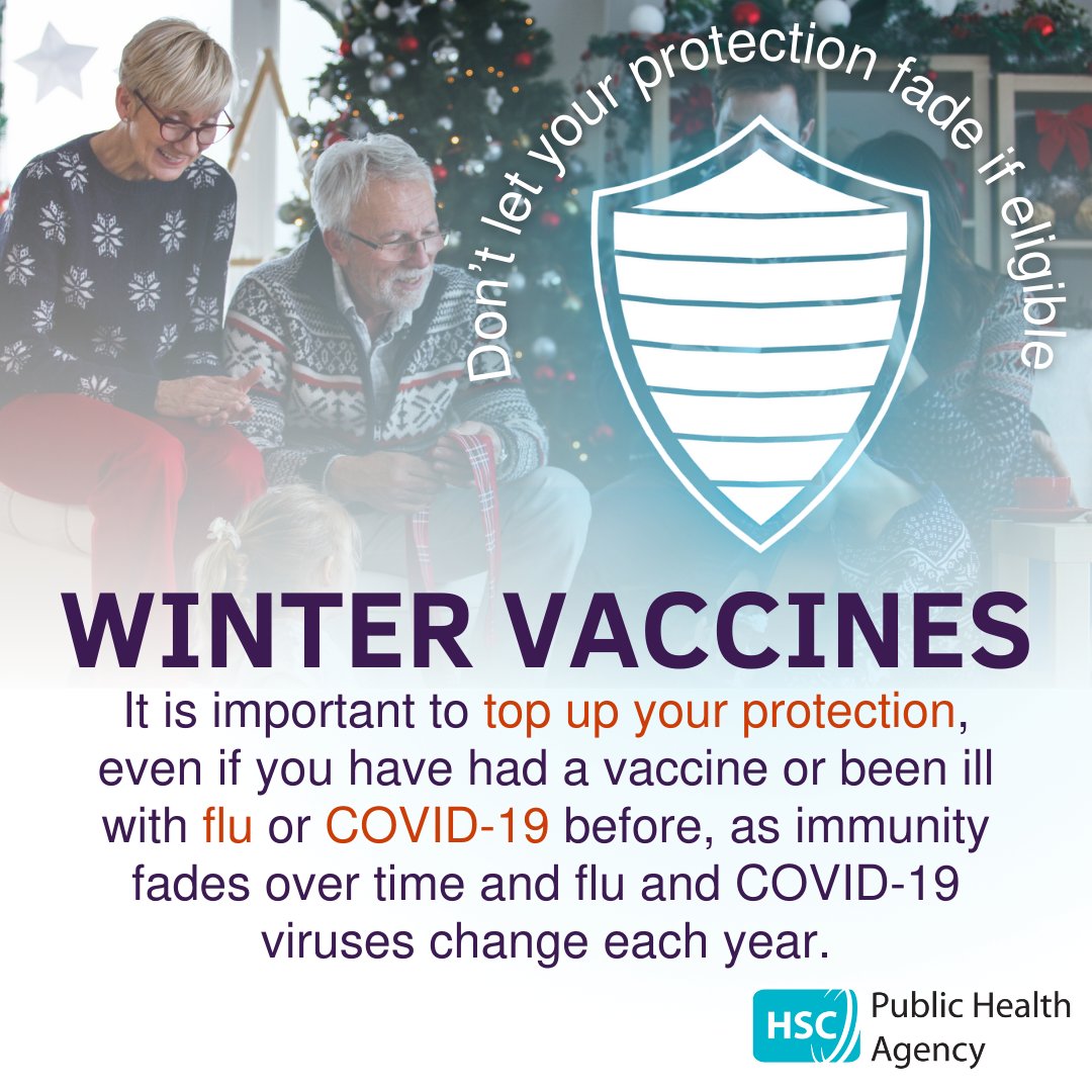 #wintervaccines With Christmas fast approaching, the Public Health Agency (PHA) is encouraging eligible people to take up the offer of the free COVID-19 and flu vaccines as soon as possible to top up their protection. nidirect.gov.uk/wintervaccines