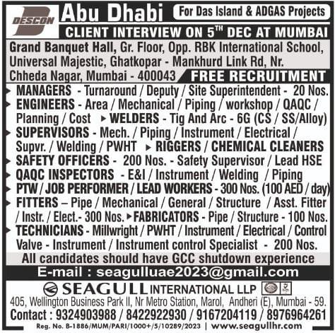 hrd1_seagull's tweet photo. 🇦🇪Abu Dhabi Jobs
‼️Free Recruitment
📍Client Interview In Mumbai On 05th December 2023
.
.
.
#abudhabijobs #seagull #mumbaijobs #managers #engineers #supervisors #welders #riggers #safetyofficers #leadworkers #fitters #technicians https://t.co/GV5lO3GPfS