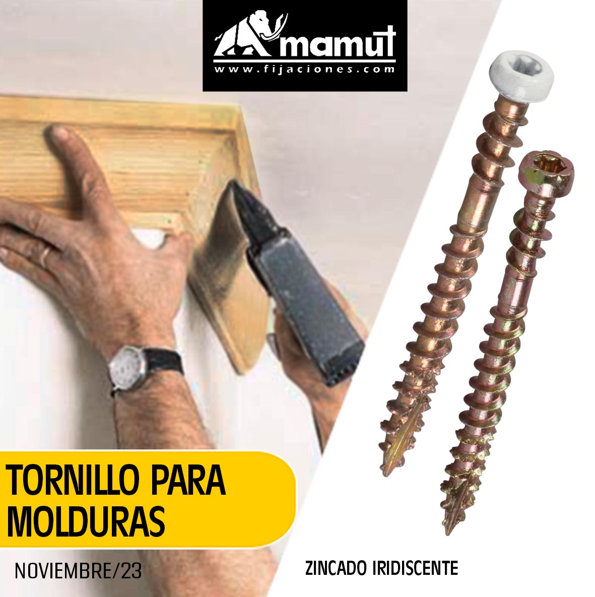 Tornillo de la marca sueca Essve está diseñado para  instalar molduras, zócalos, guardapolvos y pisos de pino en interiores, contra vigas de madera o acero de espesor entre 0,4 – 0,9mm. Tiene una contrarosca bajo la cabeza que ayuda a presionar la moldura contra el material base.