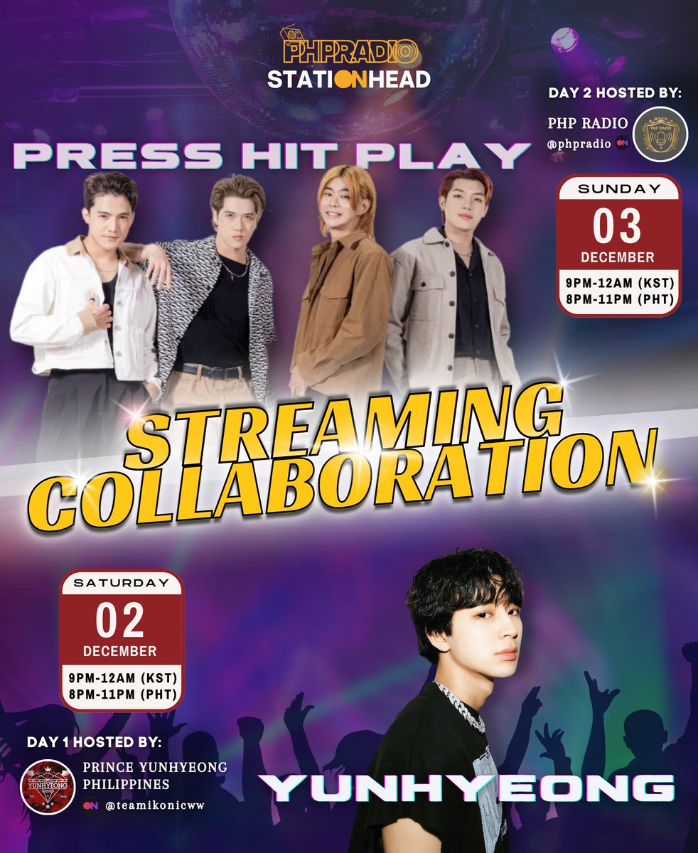 [🎶STREAMING COLLABORATION]

Join us with <a href="/PrinceYHph/">PRINCE YUNHYEONG PHILIPPINES</a> for a Brand New #PHPxYUNHYEONG streaming party on Stationhead and let's Eura-Cha-Cha-Cha! 🕺💛

Check our pub for more info.

#PRESS_HIT_PLAY ⁦<a href="/PressHitPlay/">Press Hit Play Official</a> #YUNHYEONG #송윤형 @SONG_LOVE_JP <a href="/sssong6823/">송윤형</a>