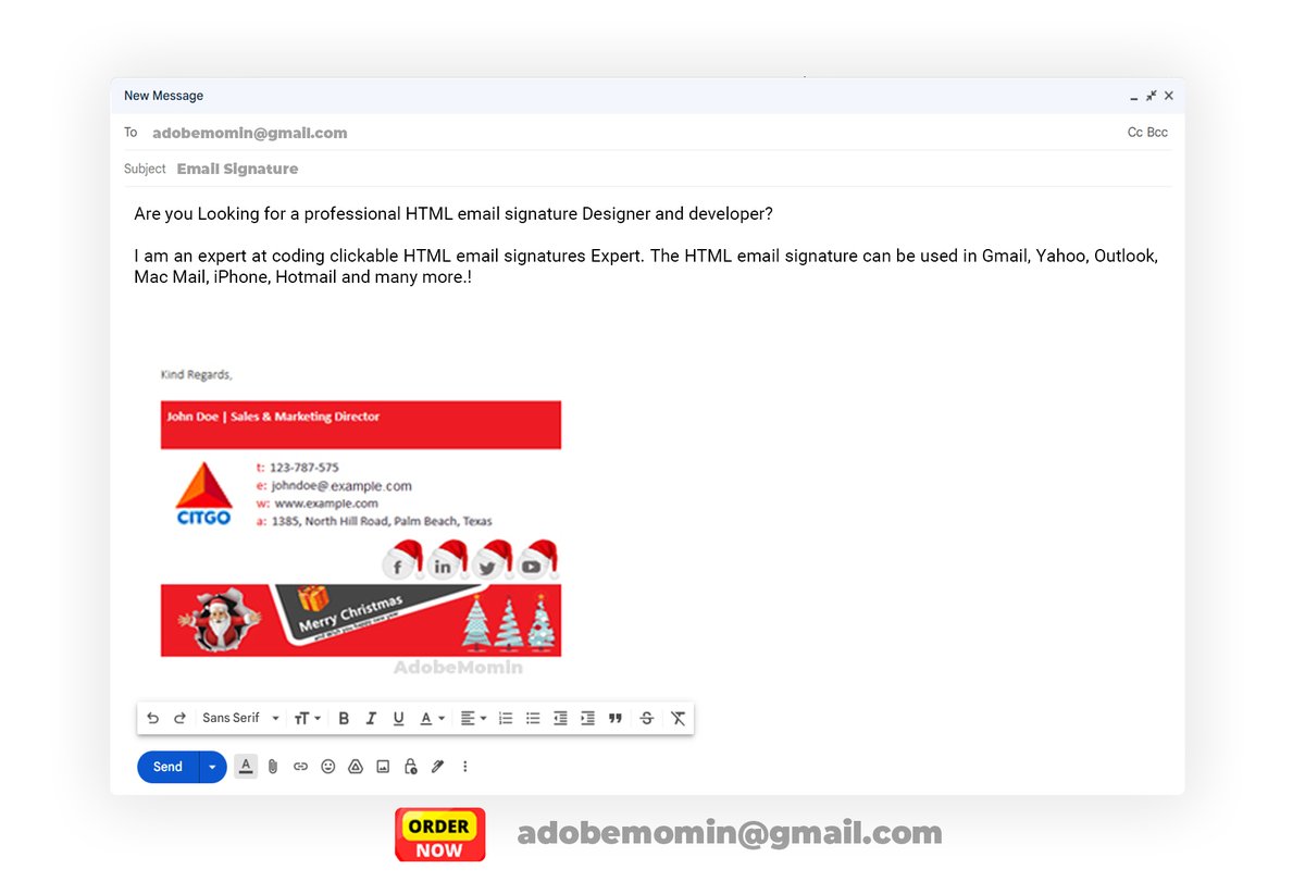 EmailSignature0's tweet image. Do you need a Professional eye-catching HTML email signature, Clickable html email signature design Outlook Signature Then You are in the right place.

Supported Platforms:-
Gmail, Yahoo, Apple Mail, Outlook, Hotmail, iPhone, Zoho Mail, Thunderbird, e etc. #htmlsignature