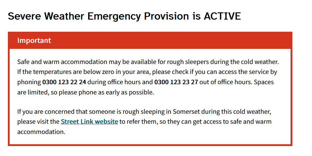 FromeCLT's tweet photo. If you are concerned that someone is rough sleeping in Somerset during this cold weather, please visit the Street Link website https://t.co/F7KydDEnMJ to refer them, so they can get access to safe and warm accommodation.
#fromeareaclt #somerset #homeless #fromehousingcrisis https://t.co/sqRzPmbSjW