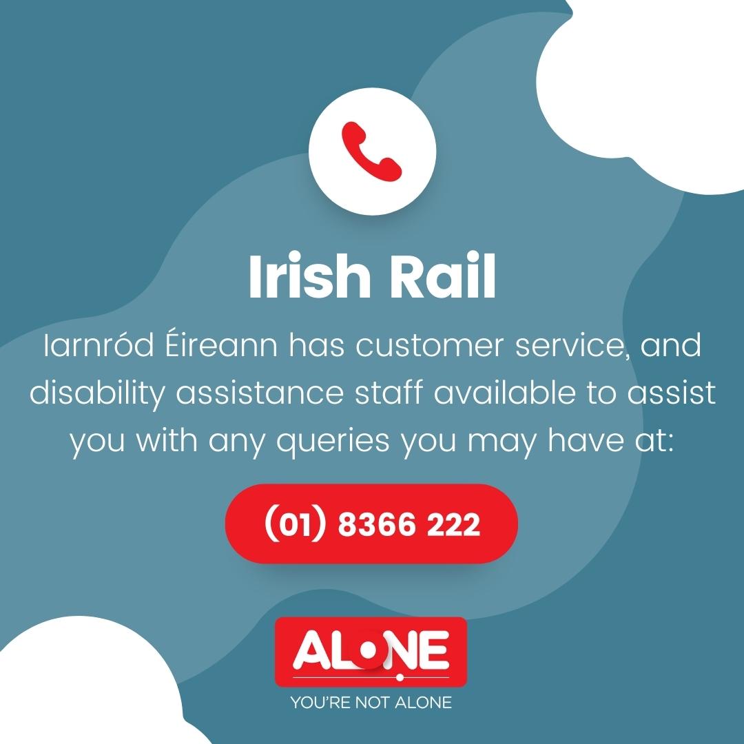 ALONE_IRELAND's tweet image. 🚉 (01) 8366 222 / 0818 366222
Fri (8am-7pm) / Sat-Sun &amp;amp; Public Holidays (8am-6pm)
ALONE is here to offer practical help. Save numbers like Irish Rail for your convenience. #PracticalSupport #ALONE #YouAreNotAlone