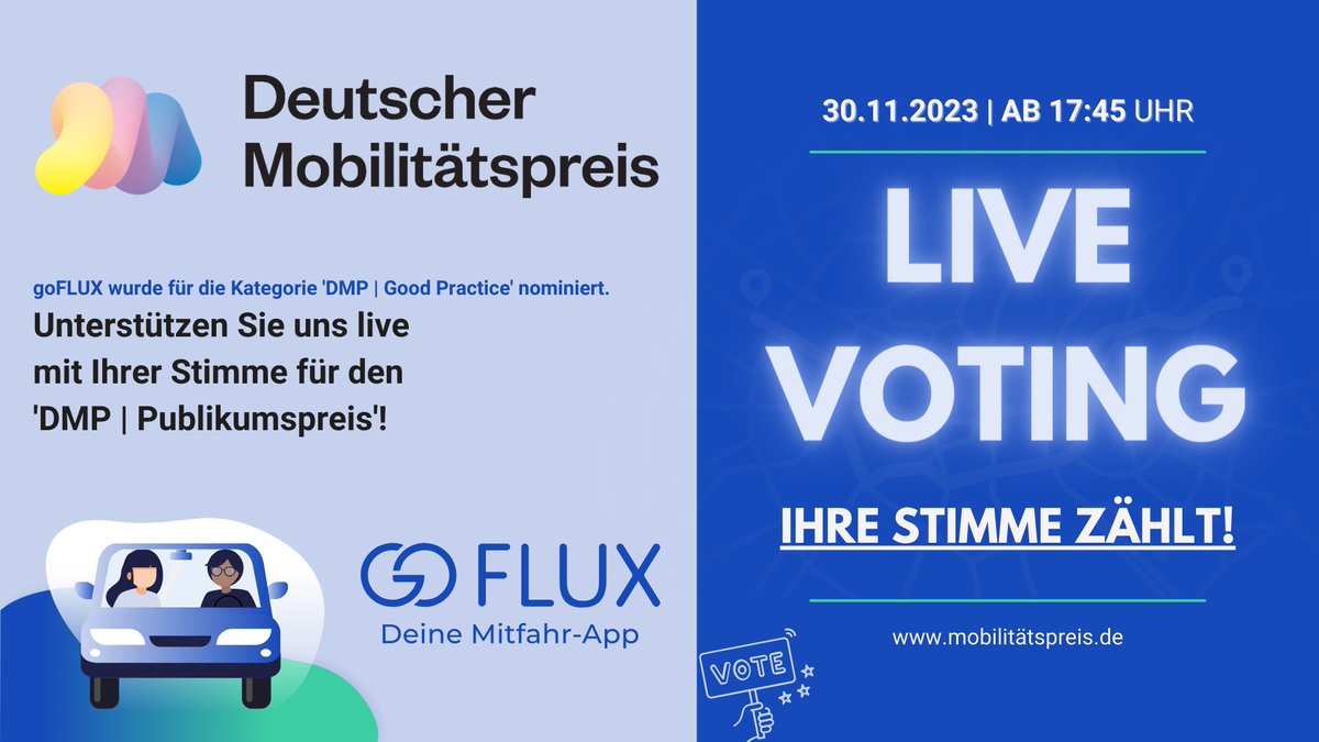 Wir sind für den <a href="/DMP_innovativ/">Deutscher Mobilitätspreis</a> Publikumspreis nominiert. Unterstützt uns HEUTE Abend gerne beim LIVE Voting zwischen 18 und 19 Uhr mit Eurer Stimme: mobilitaetspreis.de🌐🏆 Vielen Dank 🙏 #DMP #DMP2023 #goFLUX #ausMIVwirdÖPNV
