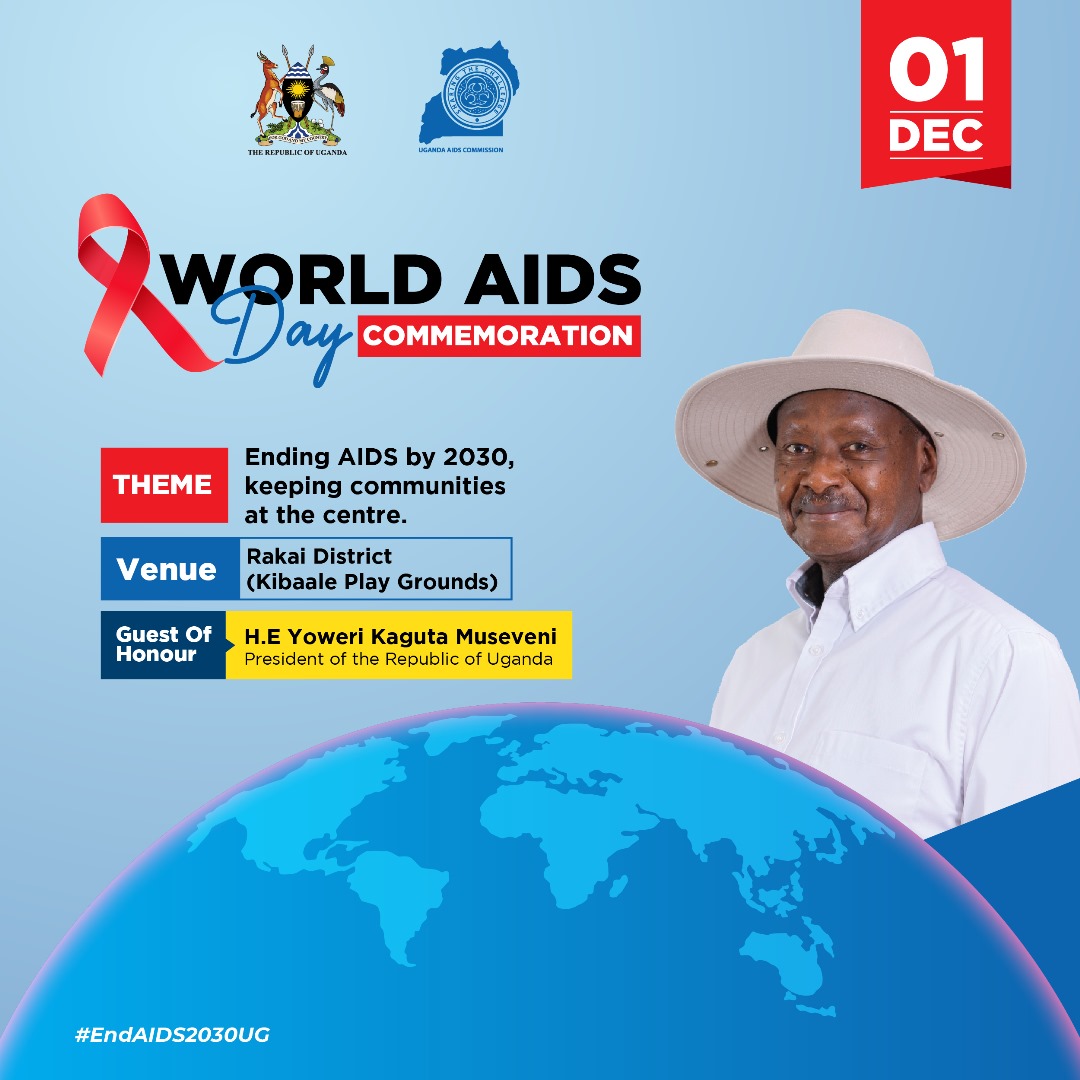 Tomorrow, the 1st of December 2023, we commemorate World AIDS Day. This year's commemorations will be held in Rakai District - Kibaale Playgrounds. Chief guest is H.E @KagutaMuseveni who has spearheaded the fight against #HIV both at national and global level. #EndAIDS2030Ug
