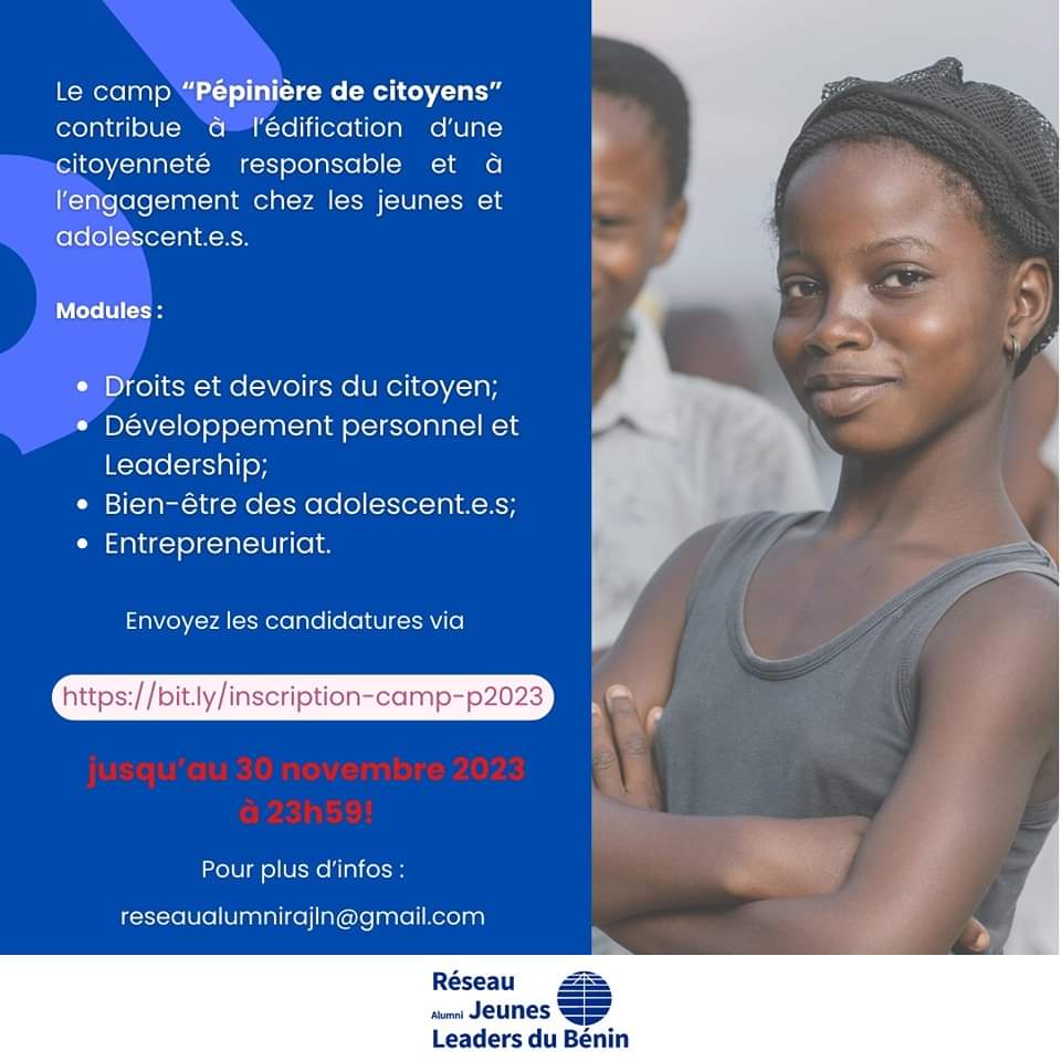 🚀 Embarquez pour la 3ème édition de la “PÉPINIÈRE DE CITOYENS" destiné aux jeunes de 12 à 17 ans dans 4 communes du #Benin : #Bassila, #Kandi, #Bonou #Toucountouna. 

Inscription : bit.ly/inscription-ca…

🌱 Offrez à vos enfants une opportunité unique !

<a href="/ab_benin/">Blogueurs du Bénin</a> <a href="/Fes_Benin/">Friedrich-Ebert-Stiftung Benin</a>