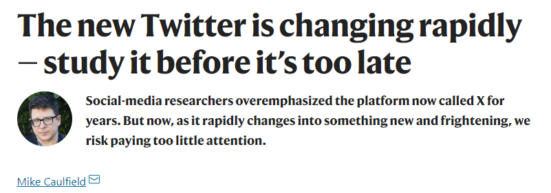 SalFinamore's tweet photo. "X has become a ‘natural experiment’ in what happens as a company reduces existing trust, moderation and safety teams."

Interesting piece by Mike Caulfield @holden @uwcip in @Nature 

https://t.co/PZsYLvYnMq https://t.co/z8qADnql3M