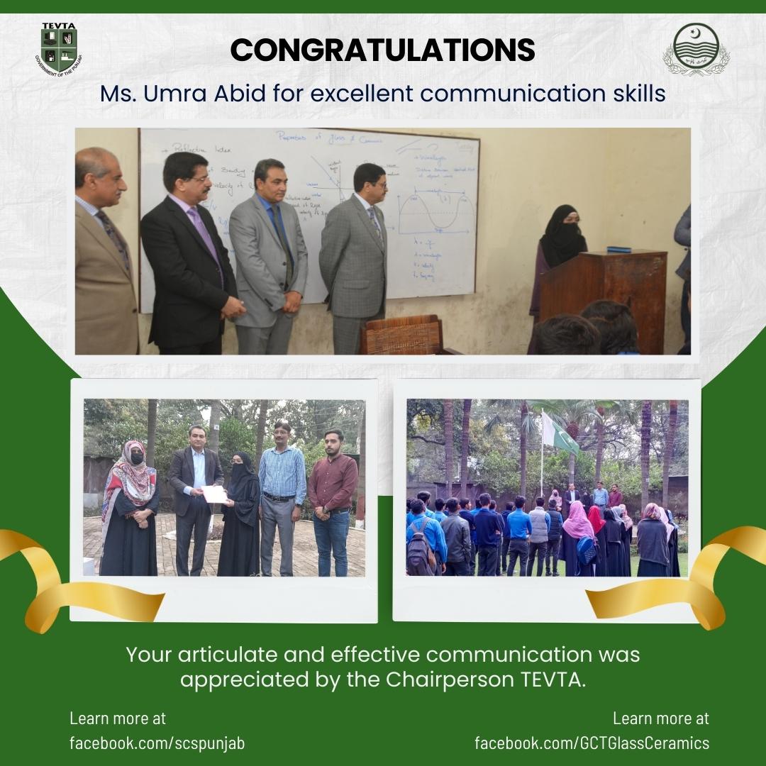 Certificate of Appreciation and cheque of Rs.5000/- has given to Ms. Umra Abid, student of DAE Glass &amp; Ceramics (2nd Year) for her communication skills during the visit of Chairperson TEVTA on 28th November, 2023.