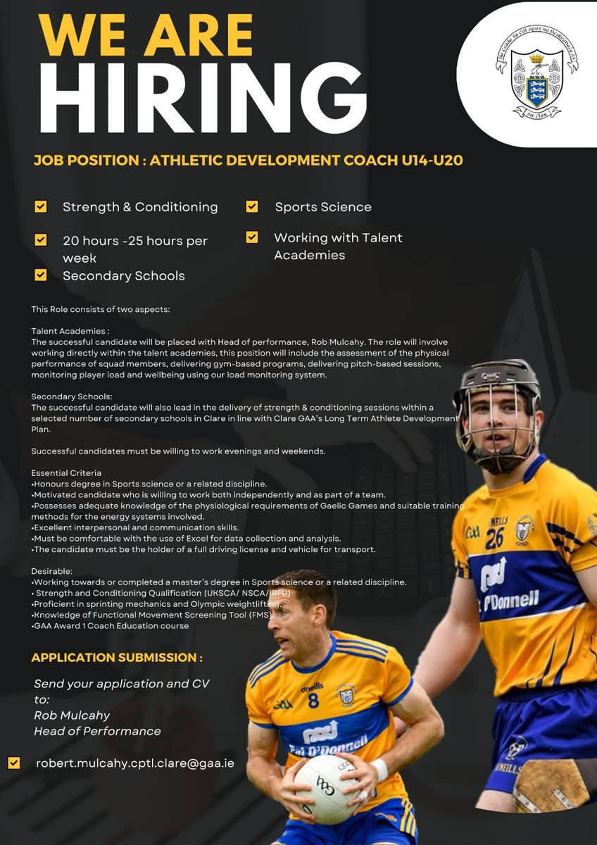 Rob Mulcahy, MSc, PhD (c) (@robmulcahy3) on Twitter photo WE ARE HIRING!
Clare GAA is delighted to announce that we are seeking applicants for 2 athletic development positions for 2024.
If you are interested in the position or learning more about the role, please contact me.
<a href="/GaaClare/">Clare Gaa</a> <a href="/ClubClareHS/">CLUB CLARE</a> <a href="/Clare_Football/">Clare Football Supporters Club</a> <a href="/claregaacg/">Clare GAA C&G Dev</a> WE ARE HIRING!
Clare GAA is delighted to announce that we are seeking applicants for 2 athletic development positions for 2024.
If you are interested in the position or learning more about the role, please contact me.
<a href="/GaaClare/">Clare Gaa</a> <a href="/ClubClareHS/">CLUB CLARE</a> <a href="/Clare_Football/">Clare Football Supporters Club</a> <a href="/claregaacg/">Clare GAA C&G Dev</a>