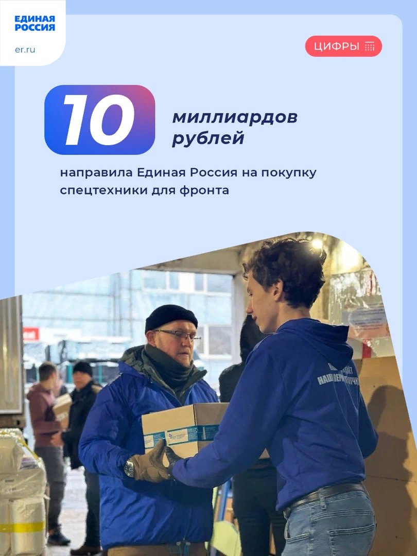 🙏 Единая Россия доставила на фронт спецтехнику на 10 миллиардов рублей. Об этом заявил секретарь генсовета партии Андрей Турчак. Также в новые регионы и зону СВО партия направила более 80 тысяч тонн гуманитарных грузов.

Вы так же можете помочь нашим… t2p.pw/lFQBtuuBI9