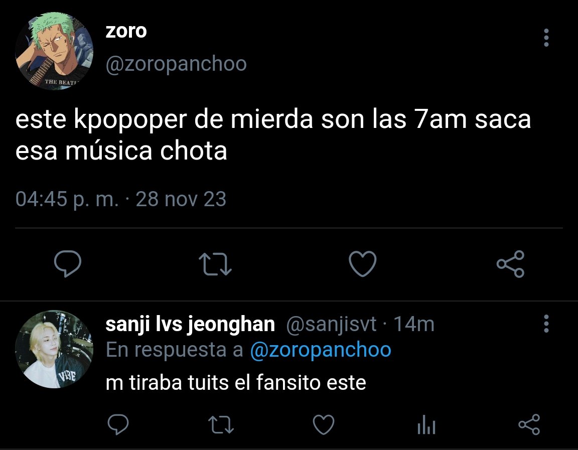 gothzosan's tweet image. ZOSAN AU |

Donde Zoro es rockero y jode a Sanji por kpoper.

O donde a Sanji le gusta el rockerito pretencioso que lo bardea todo el tiempo.