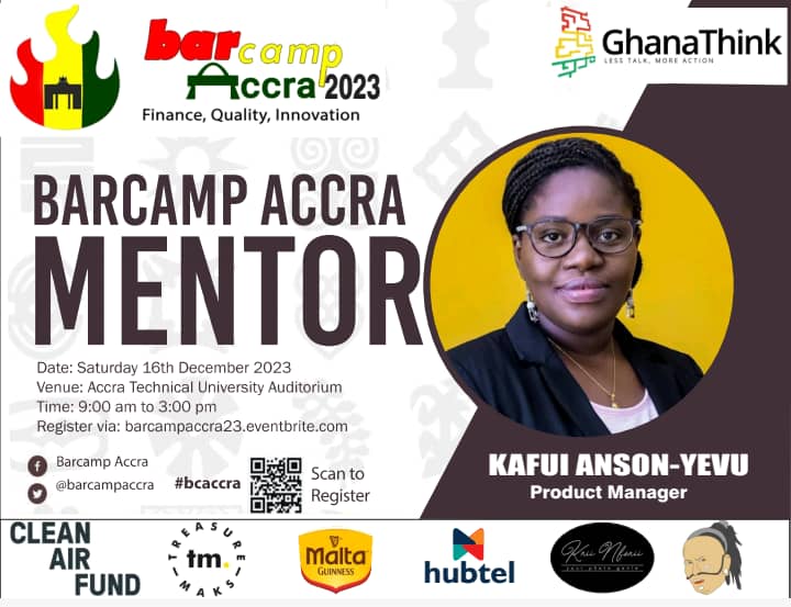 Join us at #BarcampAccra on Saturday, December 16 @ Accra Technical University Auditorium, #Accra for learning, sharing, networking &amp; mentoring.
Register for #Barcamp #Accra - barcampaccra23.eventbrite.com

#bcaccra mentor: Doris Kafui Anson-Yevu <a href="/kafuiday/">Kafui Yevu</a> | Product Manager <a href="/kraadoX/">kraado.co</a>