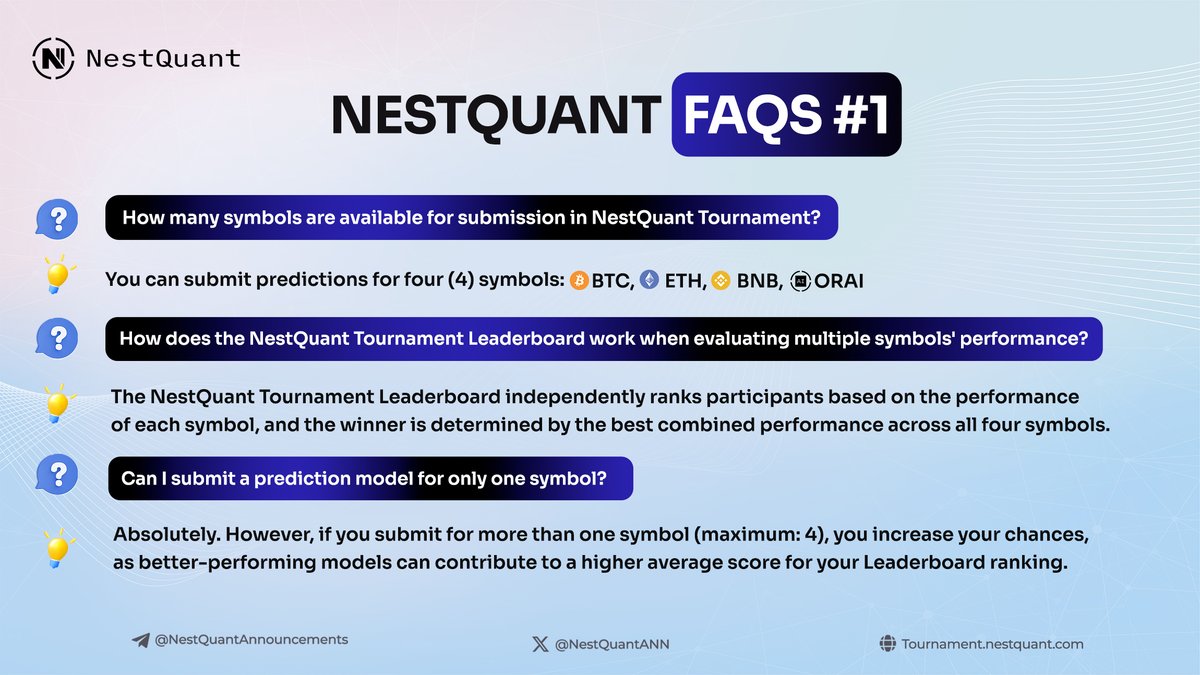NestQuantANN's tweet photo. ๐ค Curious about #NestQuantTournament? Introducing our Weekly #FAQs series!
๐ Uncover essential insights and gain a deeper understanding of the ultimate #data championship.
Your questions, answered weekly! ๐
#NestQuant #QuantitativeTrading #QuantTrade #Trading #deeplearning #datascience #Oraichain