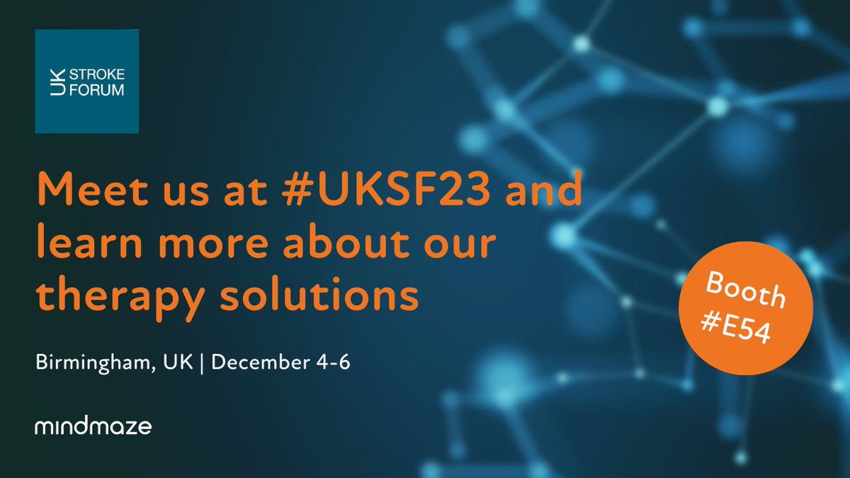 MindMaze (@mindmazetech) on Twitter photo We're on booth E54 <a href="/UKStrokeForum/">UK Stroke Forum</a> next week. We'll be joined by 3 UK stroke teams that will be sharing their clinical experiences and findings while using our tech solutions, through a series of e-posters that will be on display at #UKSF23. Register: stroke.org.uk/professionals/… We're on booth E54 <a href="/UKStrokeForum/">UK Stroke Forum</a> next week. We'll be joined by 3 UK stroke teams that will be sharing their clinical experiences and findings while using our tech solutions, through a series of e-posters that will be on display at #UKSF23. Register: stroke.org.uk/professionals/…