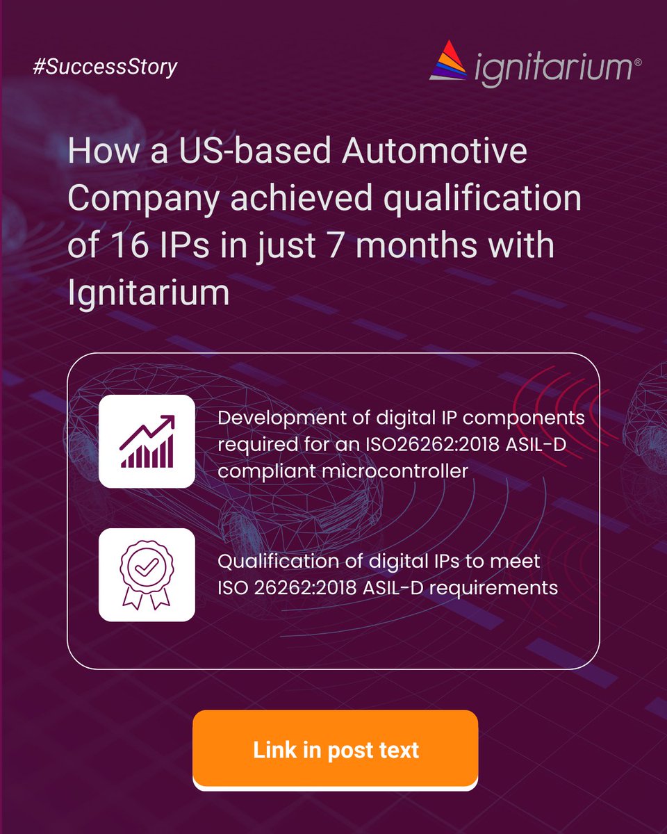🎉New Success Story Alert! 🚀

Today's success story is about how a US-based auto company approached us for gap analysis and qualification of digital IP components for an ISO 26262:2018 ASIL-D compliant microcontroller

ignitarium.com/wp-content/upl…