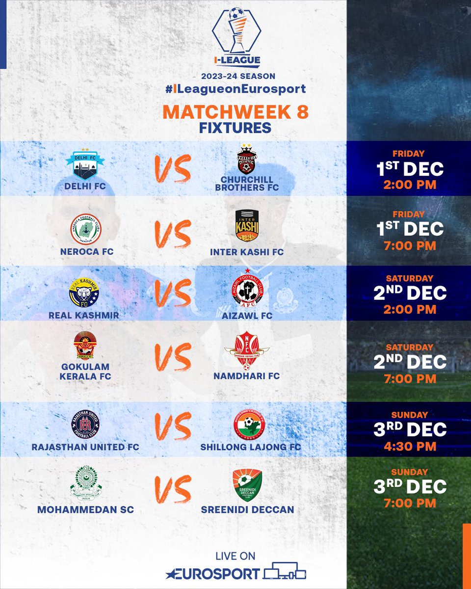 𝐀 🔝 𝐨𝐟 𝐭𝐡𝐞 𝐭𝐚𝐛𝐥𝐞 𝐜𝐥𝐚𝐬𝐡 𝐚𝐰𝐚𝐢𝐭𝐬! ⚔️ Here are the fixtures from Matchweek 8️⃣🤩 Watch all the action from I-League LIVE on EurosportIndia! 📺 #IndianFootball #Football #EurosportIndia #ILeagueOnEurosport