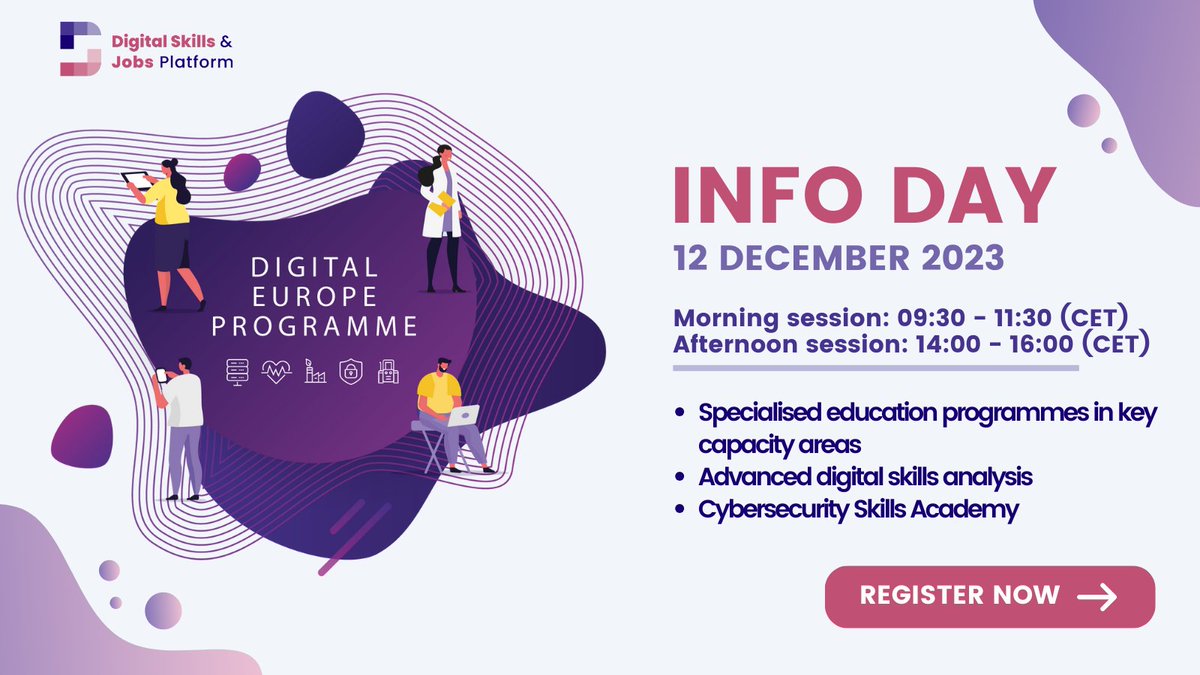 Are you a higher education institution, research centre or business developing digital technologies?

Save the date for the online Info Day & pitching event about the new #DigitalEuropeProgramme call!
📅 12 December, 9:30 & 14:00
hadea.ec.europa.eu/events/digital…