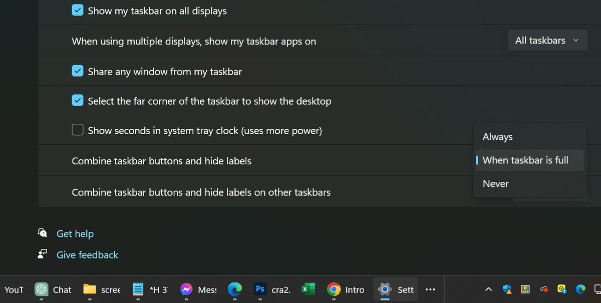 Ferntail2's tweet image. In Windows 11 you can now show the full labels as opposed to only the icons it&apos;s in the taskbar settings #Windows11Home