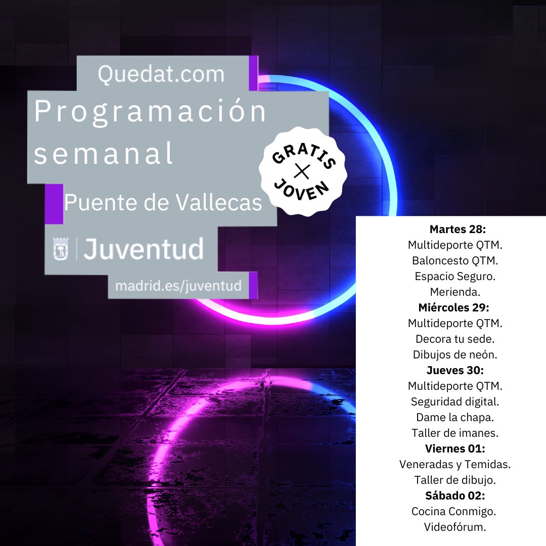 MadridJuventud's tweet photo. Con la llegada proxima de diciembre te recomendamos visitar alguna de las Sedes del #Quedat.com  ya que tienen un amplio abanico de actividades gratutitas. Dirigido a jovenes de 14 a 20 años.

+Info https://t.co/1Vtop19rTl

#MadridEsJoven #InformaciónJuvenil https://t.co/us3mKPSTaW