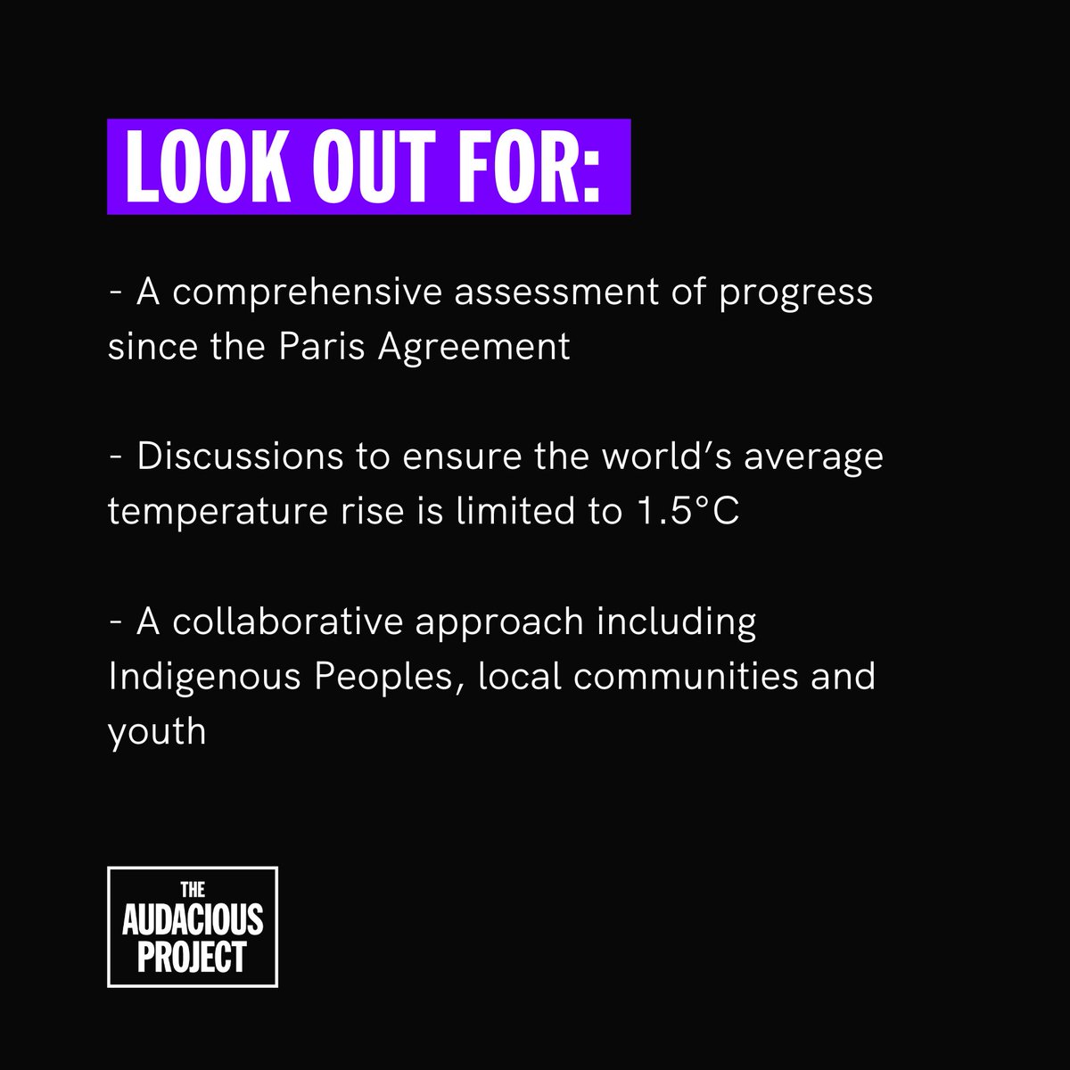TheAudaciousPrj's tweet image. Here&apos;s what we can expect from #COP28:

- An assessment of progress since the Paris Agreement

- Discussions to ensure the world’s average temperature rise is limited to 1.5°C

- A collaborative approach including Indigenous Peoples, local communities &amp;amp; youth

#AudaciousProject