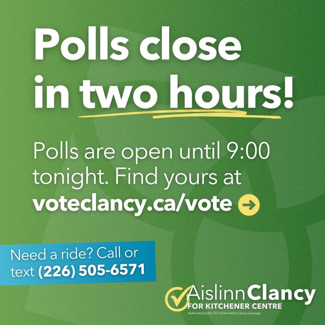 AislinnClancyKC's tweet photo. ๐ฃโฐ Last call, Kitchener Centre! ๐ช๐ณ๏ธ
Polls close in TWO HOURS! If you haven't voted yet, there's still time.
If you need a ride, give us a call! Now let's get out there and make history ๐
#onpoli #kitcen #KitchenerCentre https://t.co/TYQJriWLzR