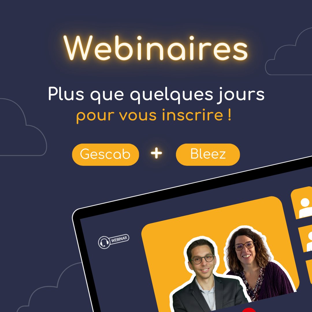 🚀 Venez découvrir nos logiciels Bleez et Gescab🚀

📅 Webinaire Bleez -> 11/12/2023 de 11h à 12h  

📅 Webinaire Gescab -> 15/12/2023 de 15h à 16h

Rejoignez-nous, on vous attend nombreux ✨

#Webinaires #Bleez #LogicielDeGestion #cabinetcomptable #Compta #Expertscomptables