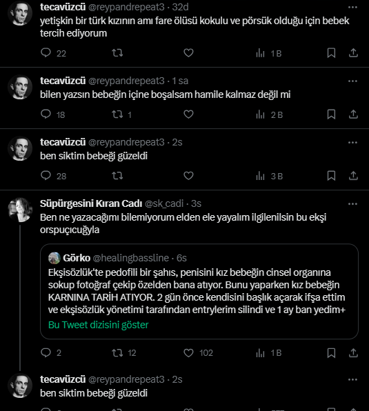 Bebeği derhal bunun elinden kurtarmak gerekiyor. Bu yazılanlar öyle dikkat çekme çabası olarak falan görülemez. Dümdüz suç.