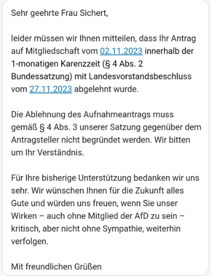 KreuzAcht's tweet photo. Die #AfD will Ronai Chaker nicht aufnehmen!
Erst letzte Woche wurde ihr aus #JA-Reihen mit Abschiebung gedroht, weil sie Ali #Utlu unterstützt hatte. Jetzt hat sich auch der niedersächsische LaVo positioniert.
(Dieses Schreiben hat sie selbst auf Twitter veröffentlicht.) https://t.co/f4DfSViJ9J
