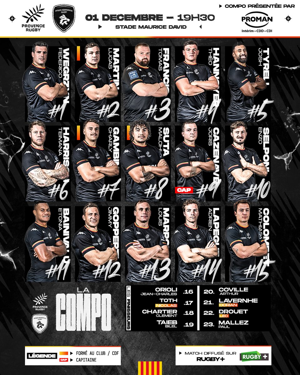 ProvenceRugby's tweet image. 🛑 LA COMPO 📋

Retour à Maurice David ! Voici la liste des Noirs qui affronteront les Lions normands 🦁

🏟️ Ouverture des portes : 18h
💥 Coup d'envoi : 19h30
📺 Retransmission : RUGBY +