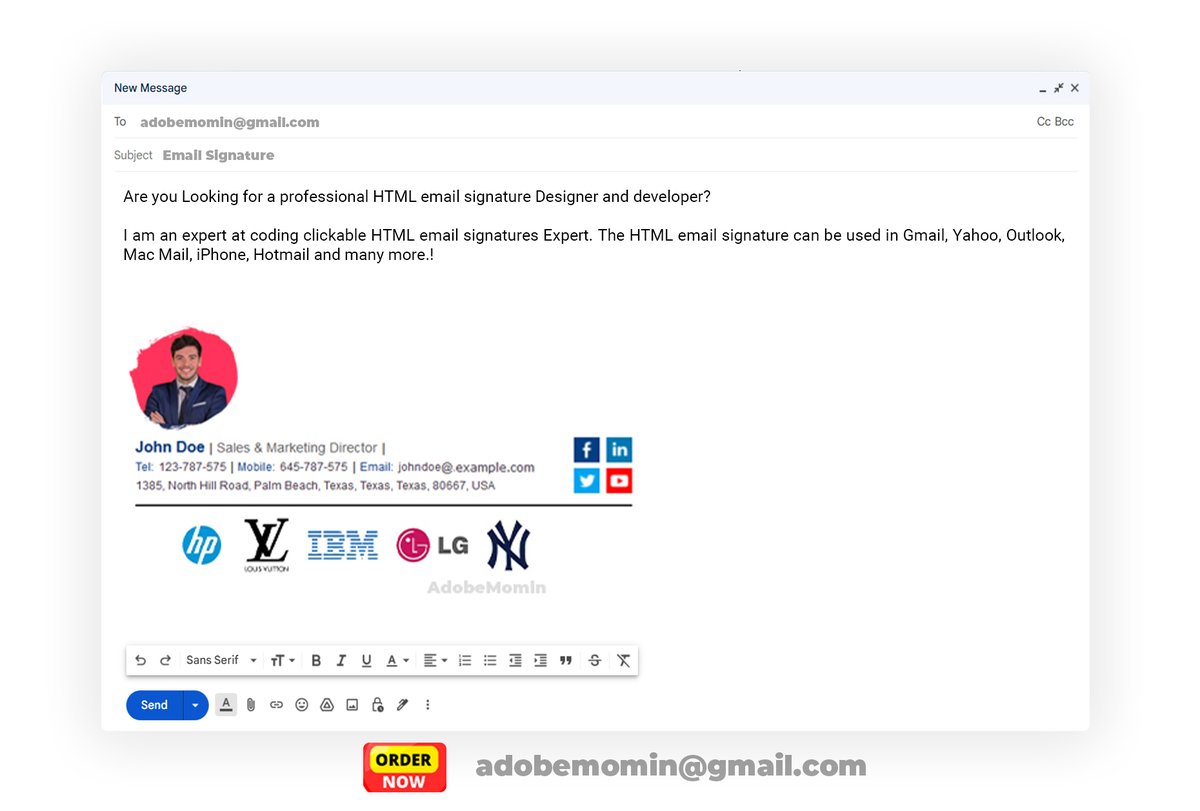 EmailSignature0's tweet image. I am available there for clickable html email signature and work for standard concept. I can code a professional clickable HTML email signature for you that can be used in your email. #emailsignaturehtml
#htmlemailsignature
#htmlsignature